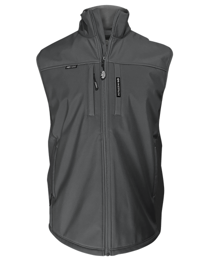 Engineered workwear vest with wind-blocking softshell panels
