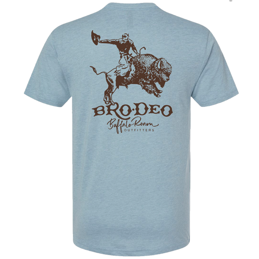 BRODEO Short Sleeve Graphic T-Shirt in Stonewash Denim, back graphic