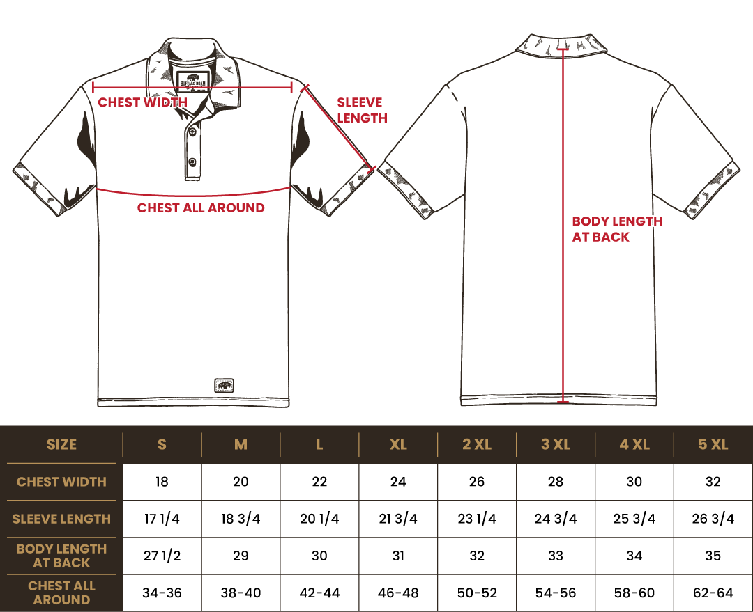 Size chart for BRO 50/50 Midweight Polo