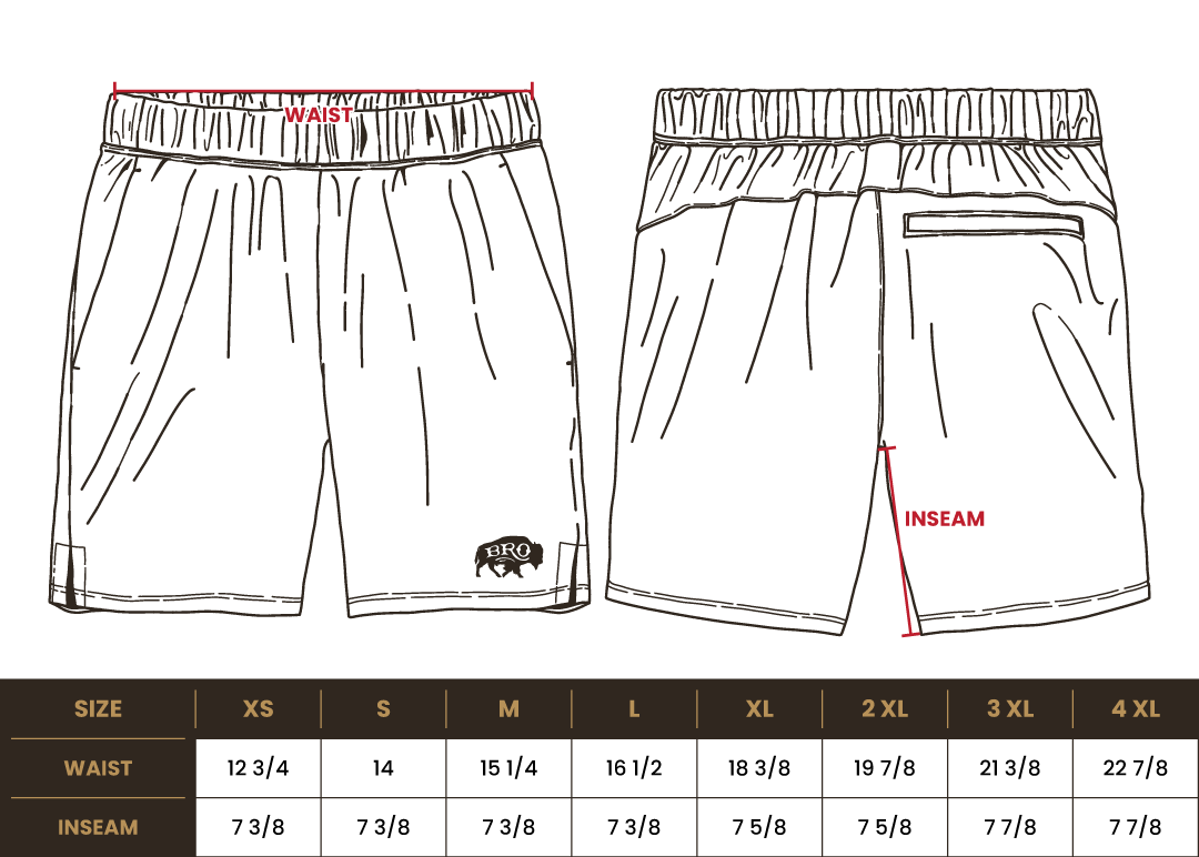 Size chart for BRO 7-Inch Inseam Performance Short