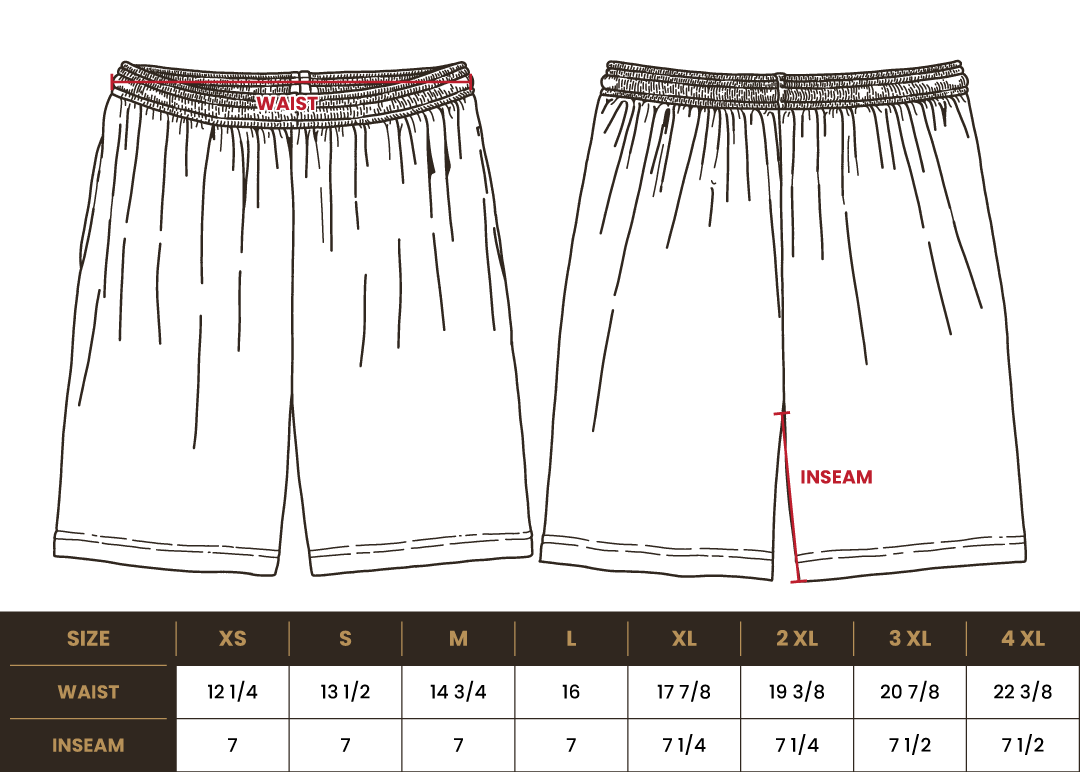 Size chart for BRO 7-Inch Inseam Stretch Shorts
