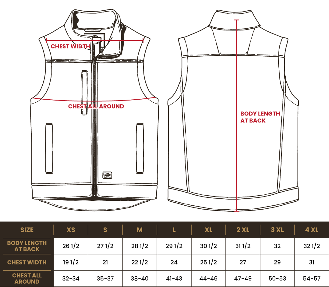 Size chart for BRO Duck Bonded Soft Shell Work Vest