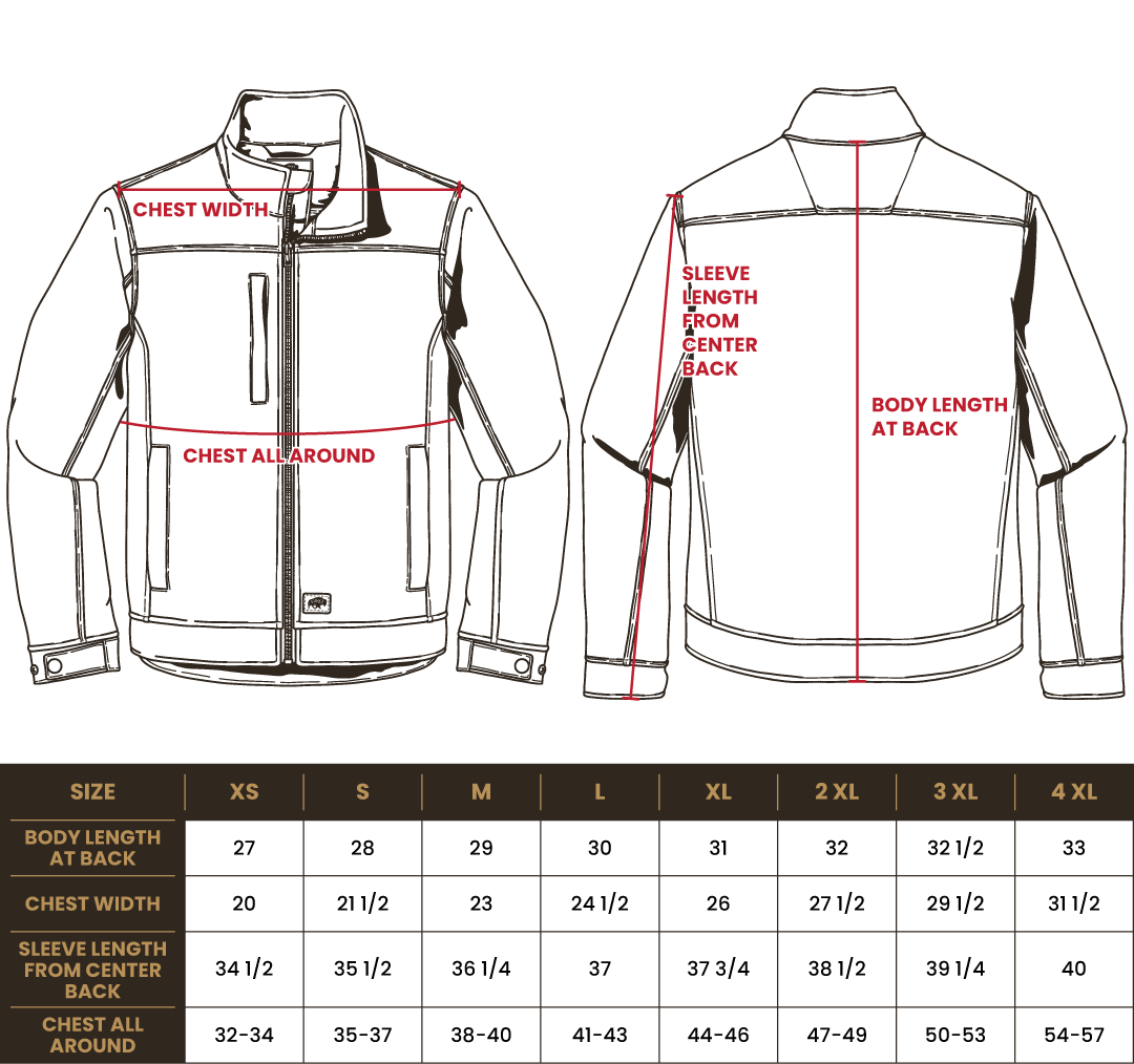 Size chart for BRO Duck Bonded Soft Shell Work Jacket