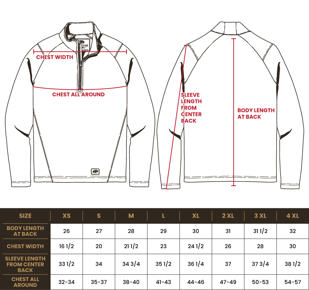Size chart for BRO Flex Fleece 1/4-Zip
