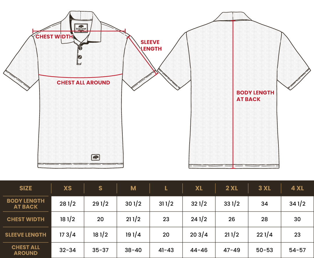 Size chart for BRO Heathered Polo Shirt