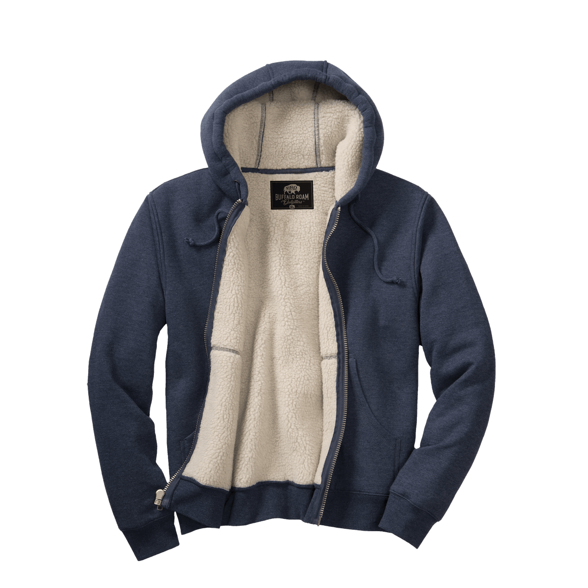 BRO Heavyweight Full-Zip Fleece Hoodie in Navy – open front view