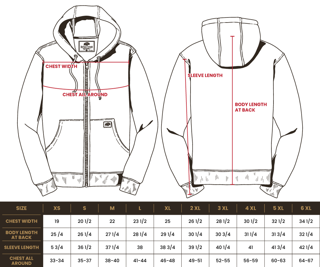 Size chart for BRO Heavyweight Full-Zip Fleece Hoodie