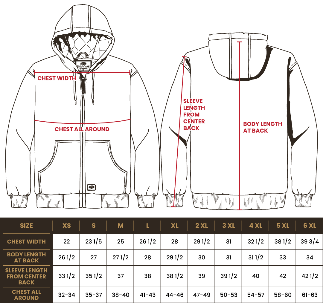 Size chart for BRO Insulated Hooded Duck Work Jacket