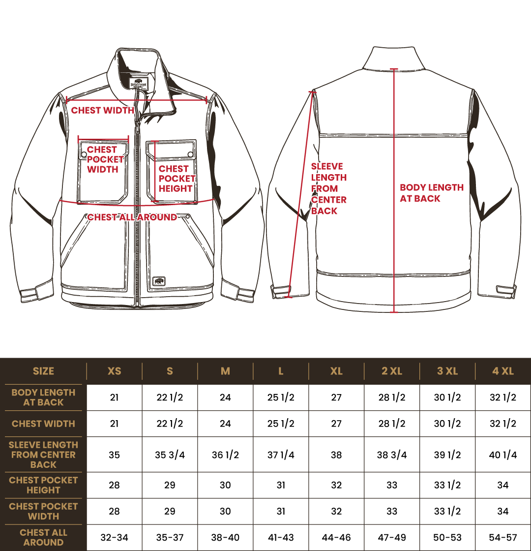 Size chart for BRO Insulated Soft Shell Work Jacket