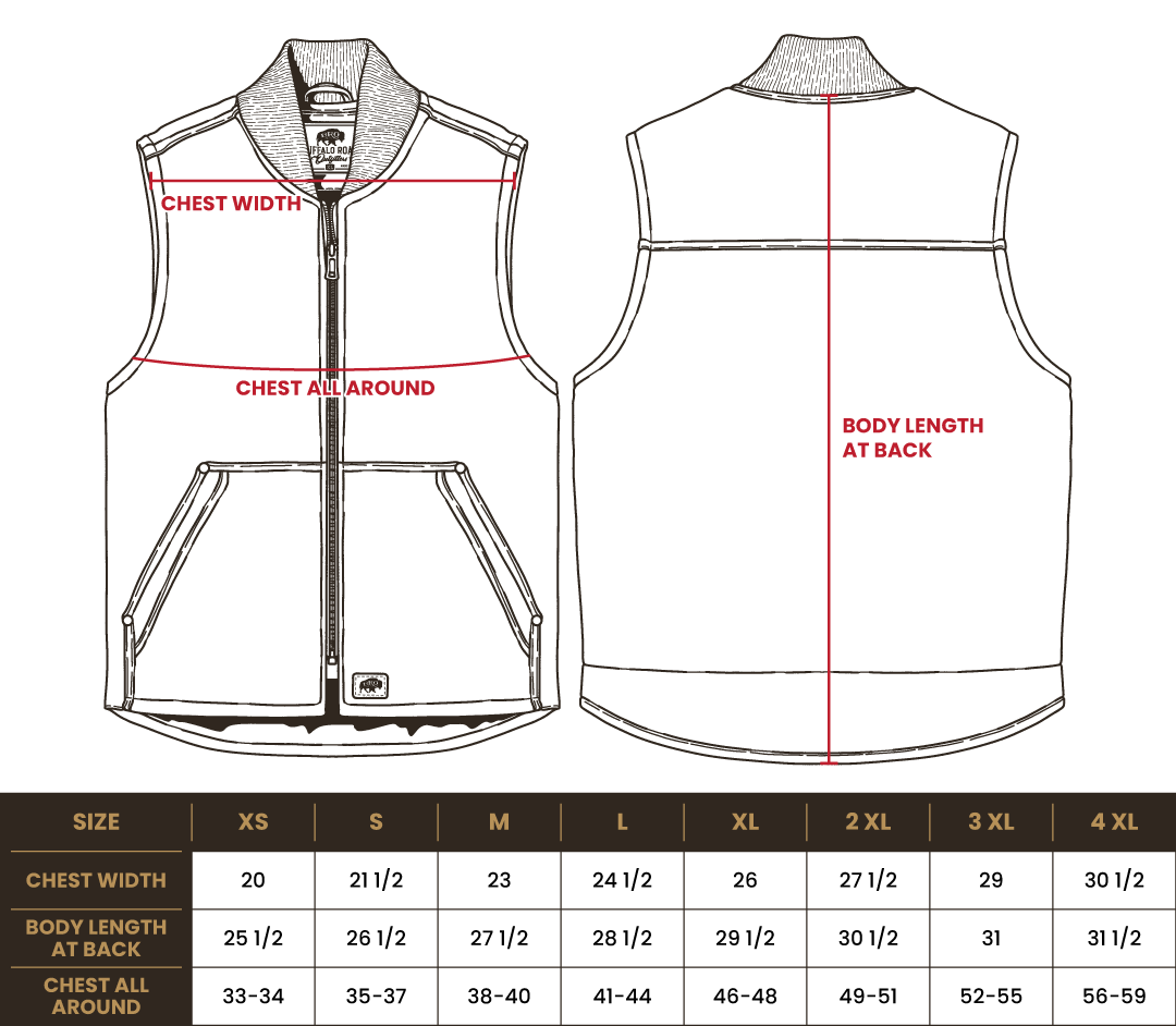 Size chart for BRO Insulated Duck Work Vest