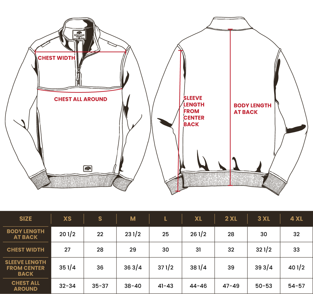 Size chart for BRO Half-Zip Job Shirt