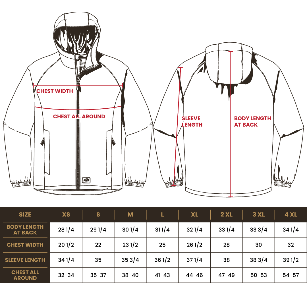 Size chart for BRO Lightweight Waterproof Rain Jacket