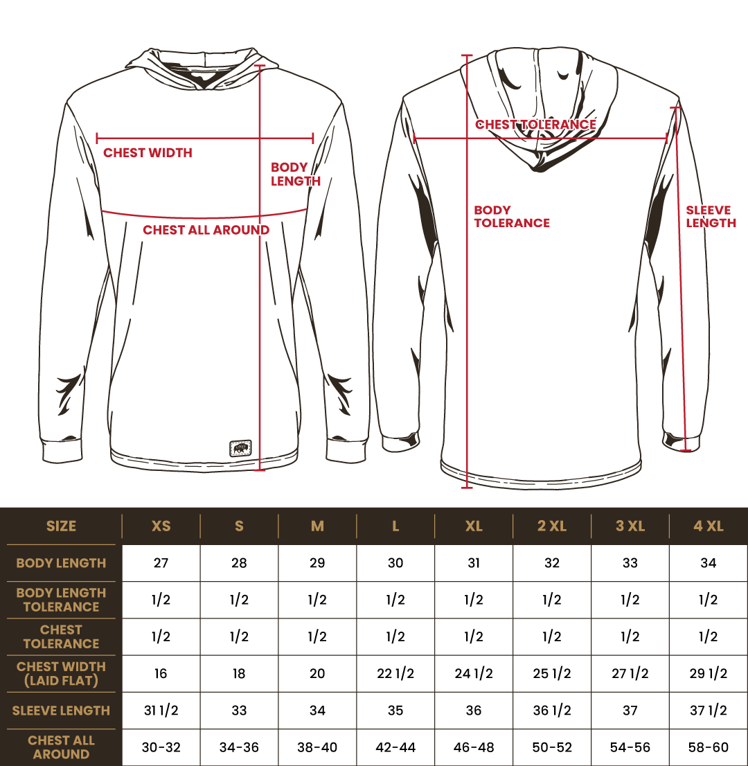 Size chart for BRO Lightweight UV Hoodie