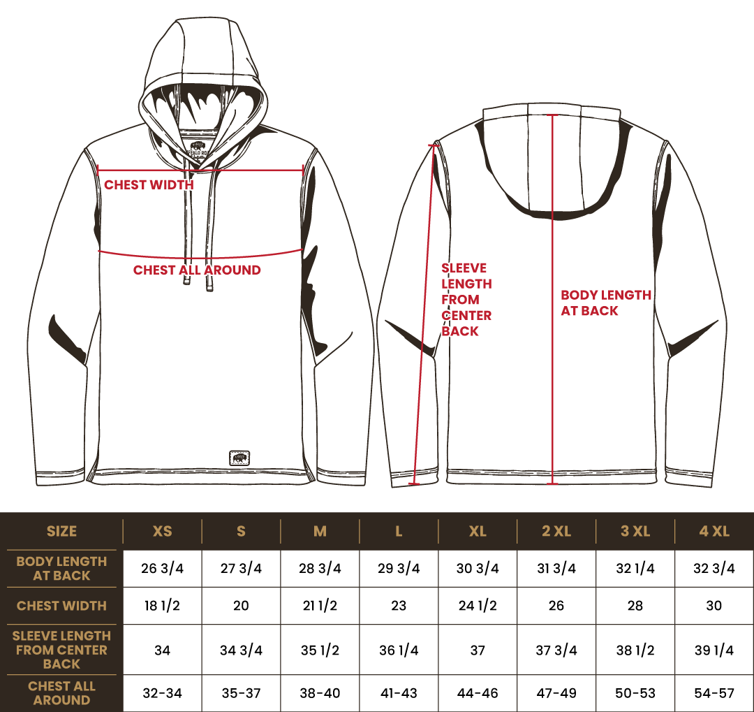 Size chart for BRO Lightweight Wicking Hoodie