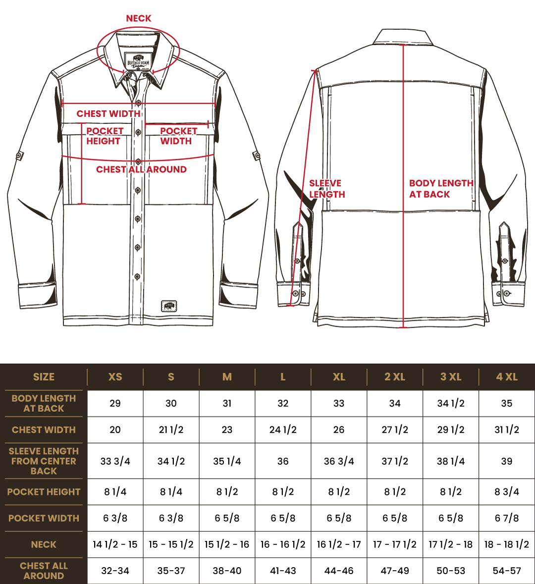 Size chart for BRO Long Sleeve Daybreak UV Vented Shirt