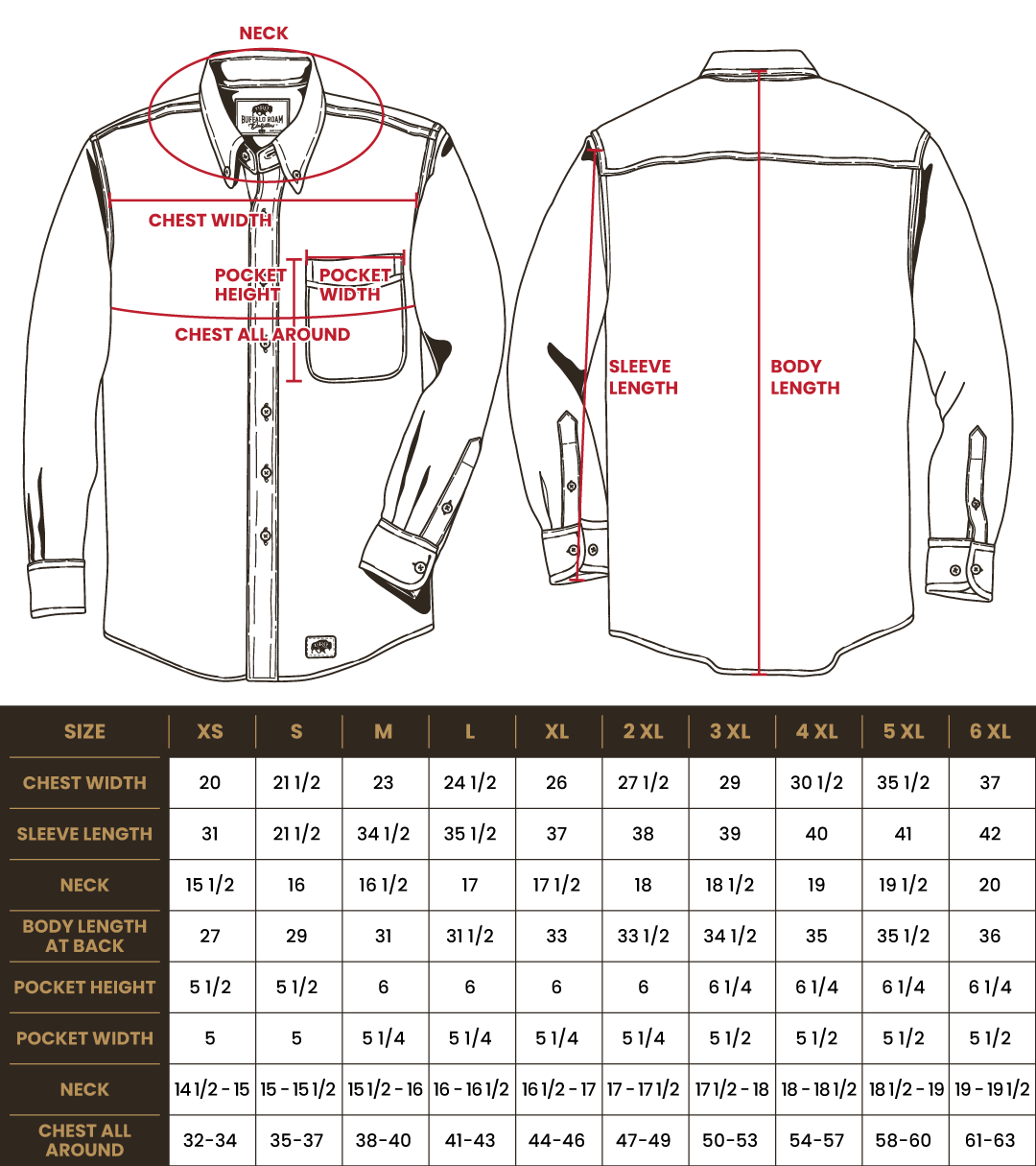 Size chart for BRO Long Sleeve Faded Denim Work Shirt