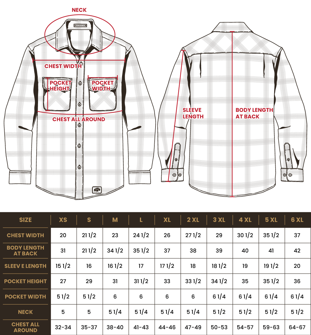 Size chart for BRO Mixed Flannel Shirt