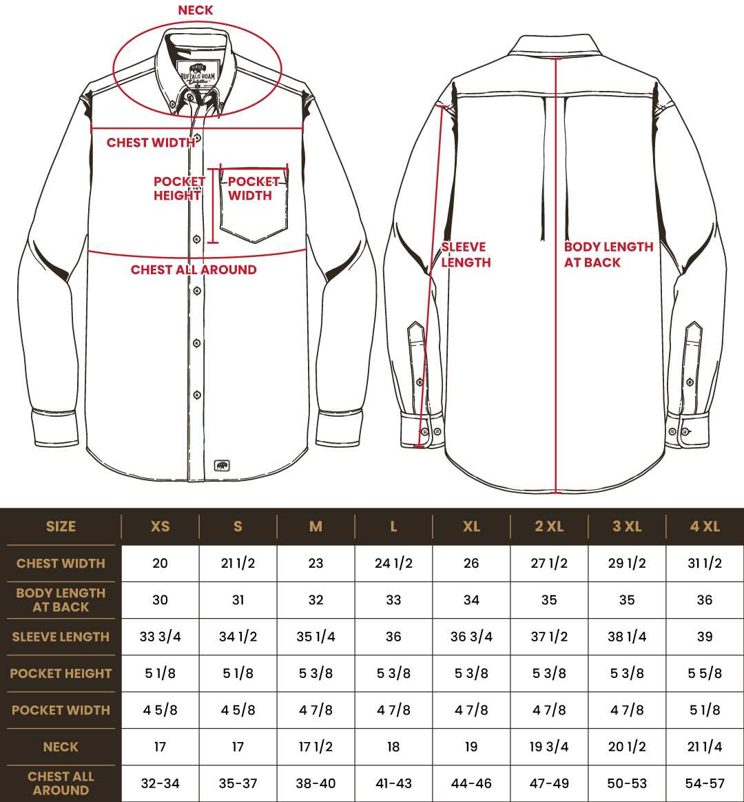 Size chart for BRO Long Sleeve Standard Button-Down Work Shirt
