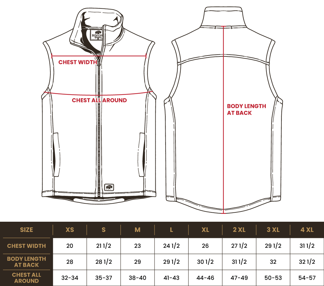 Size chart for BRO Lightweight Microfleece Vest