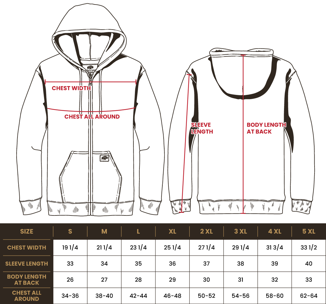 Size chart for BRO Midweight Full-Zip Hoodie