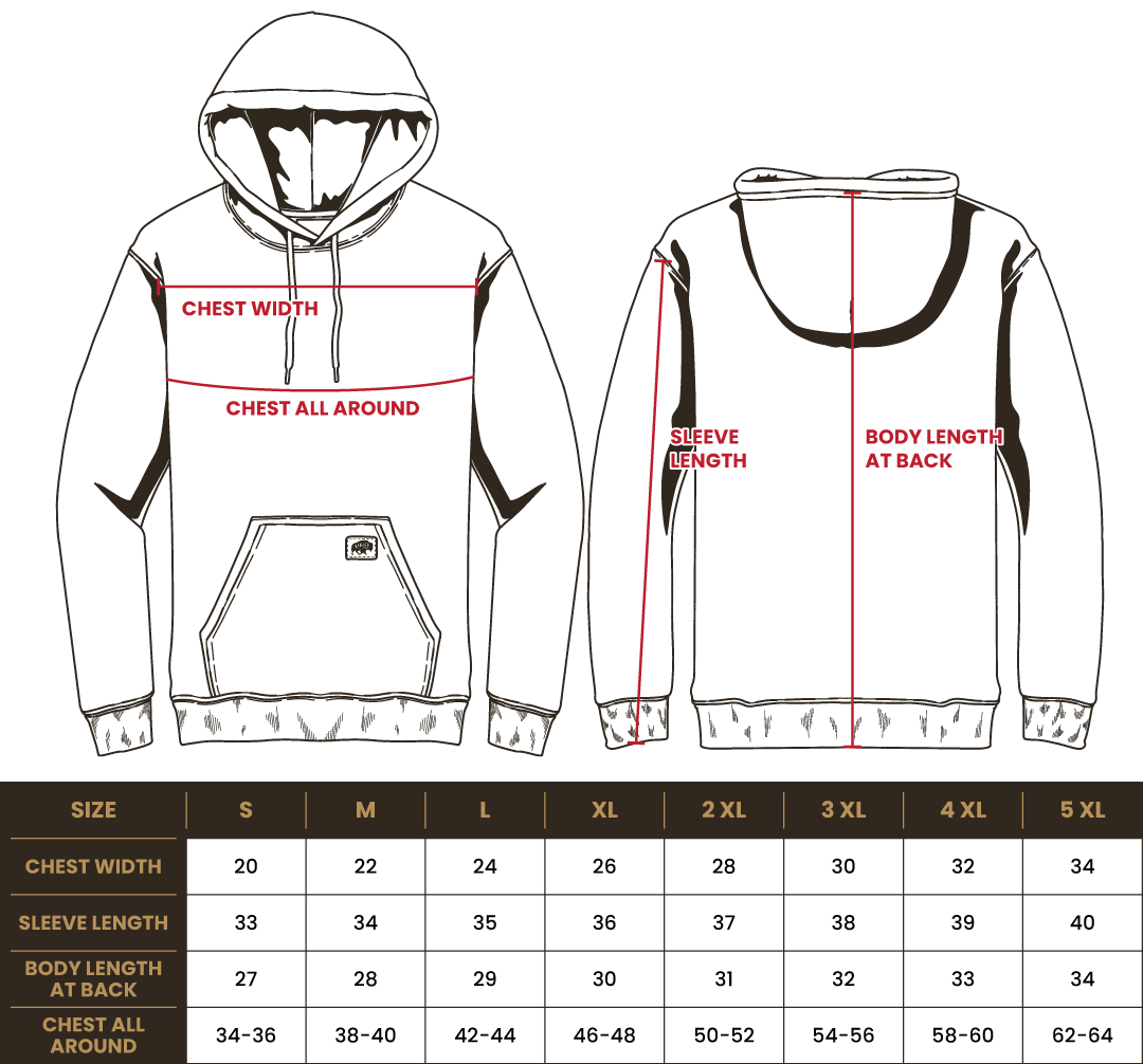 Size chart for BRO Midweight Pullover Hoodie