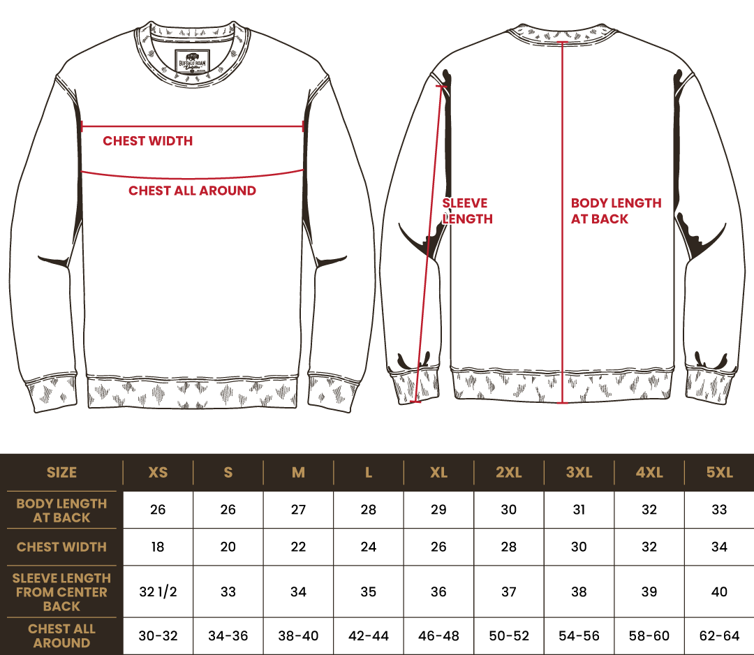 Size chart for BRO Midweight Sweatshirt