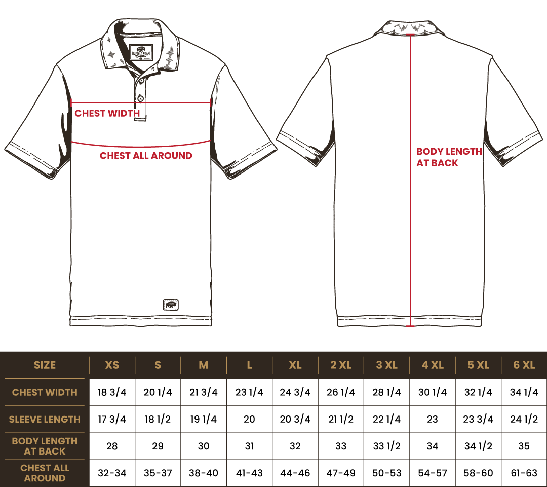 Size chart for BRO Performance Polo Shirt