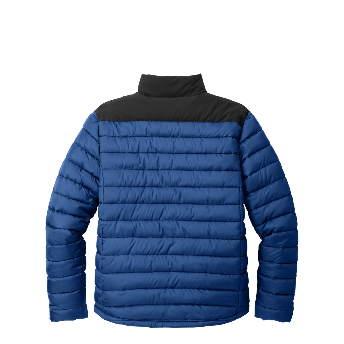 BRO Lightweight Insulated Puffer Jacket in True Blue and Deep Black – back view