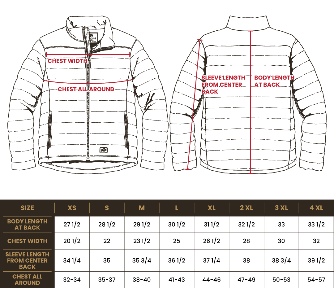 Size chart for BRO Lightweight Insulated Puffer Jacket