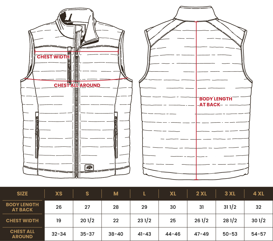 Size chart for BRO Lightweight Insulated Puffer Vest