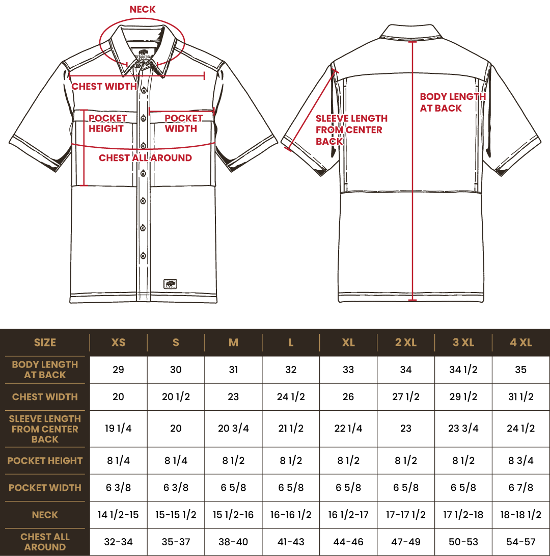 Size chart for BRO Short Sleeve Daybreak UV Vented Shirt