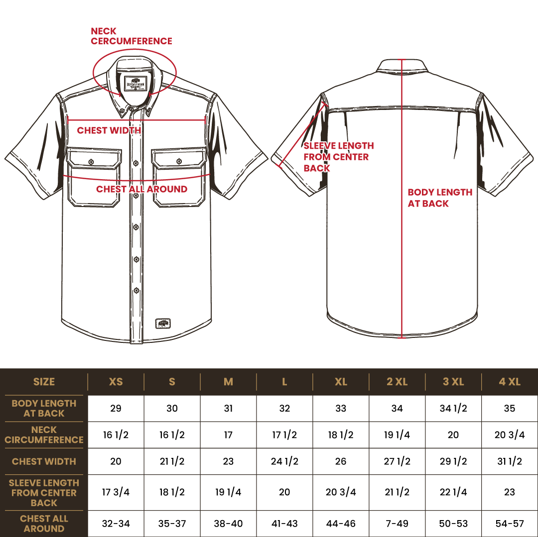 Size chart for BRO Short Sleeve Ripstop Work Shirt