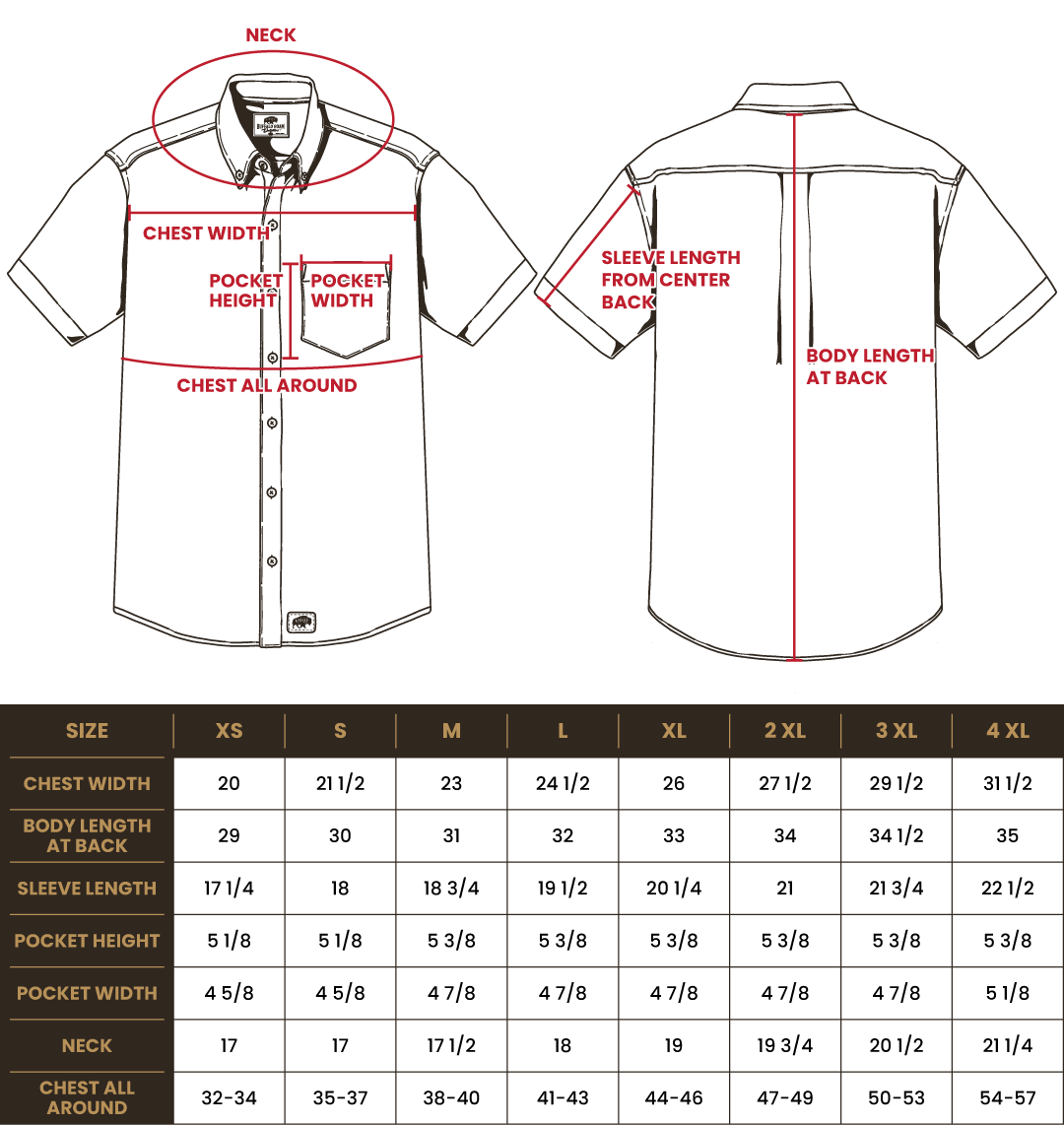 Size chart for BRO Short Sleeve Classic Button-Down Work Shirt