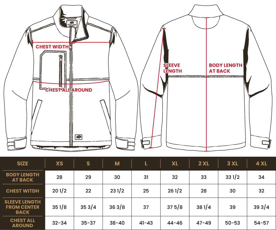 Size chart for BRO Water-Resistant Soft Shell Work Jacket