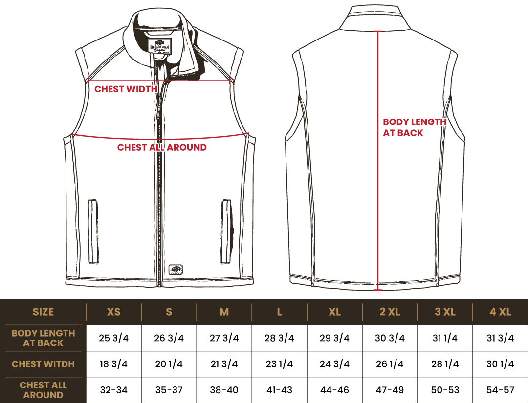 Size chart for BRO Sweater Fleece Vest