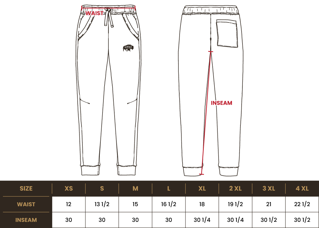 Size chart for BRO Sweatpants with Pockets