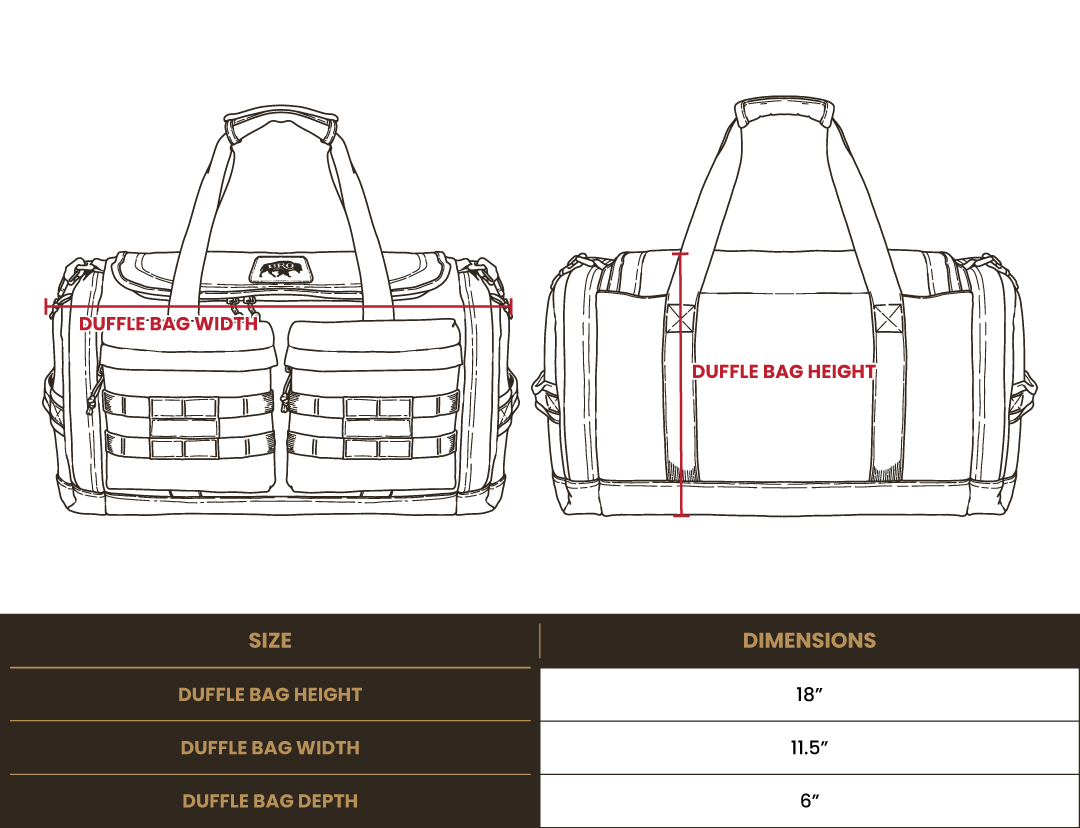 Size chart for BRO Tactical Duffle Bag