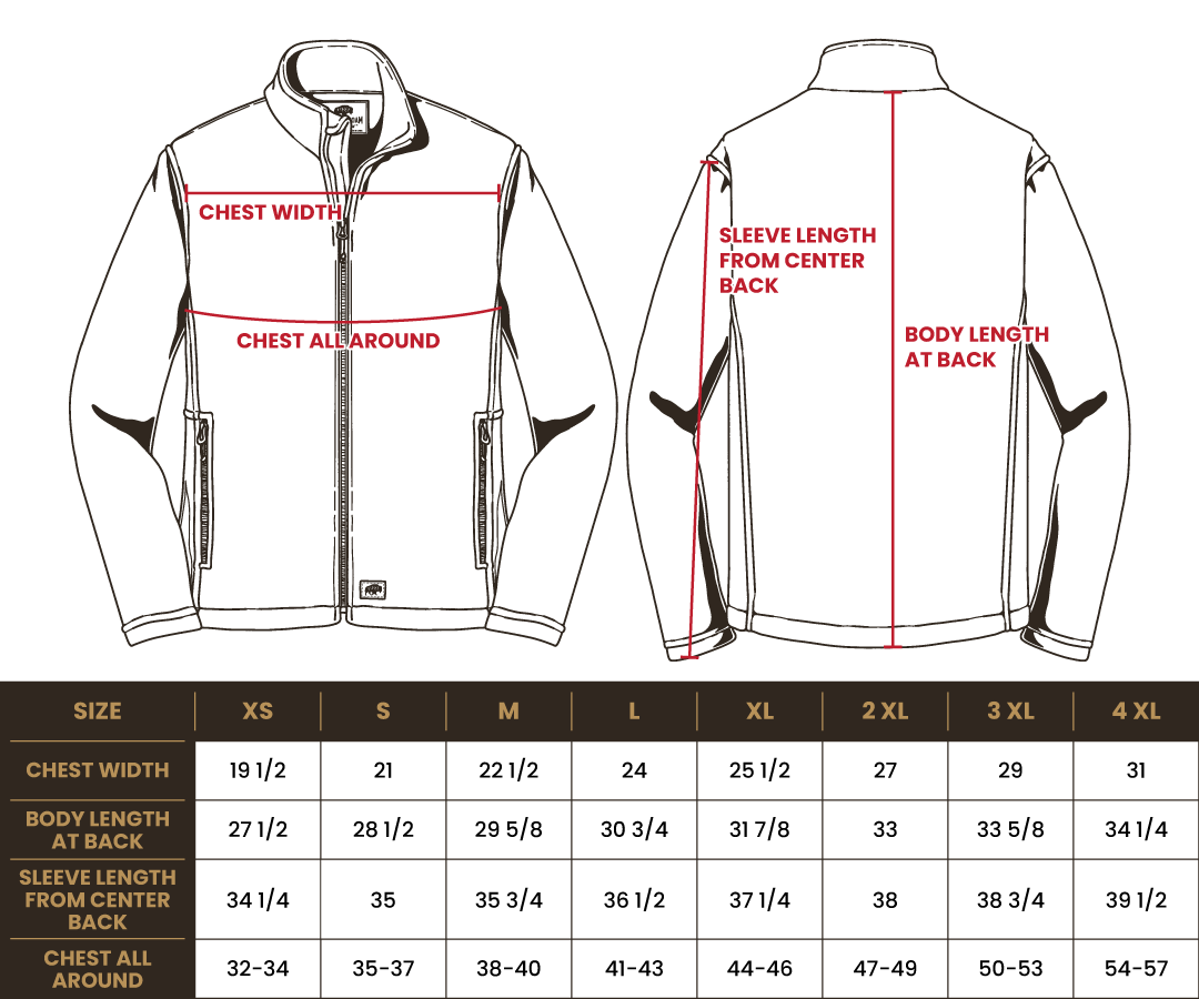 Size chart for BRO 3-in-1 Waterproof Two-Tone Work Jacket