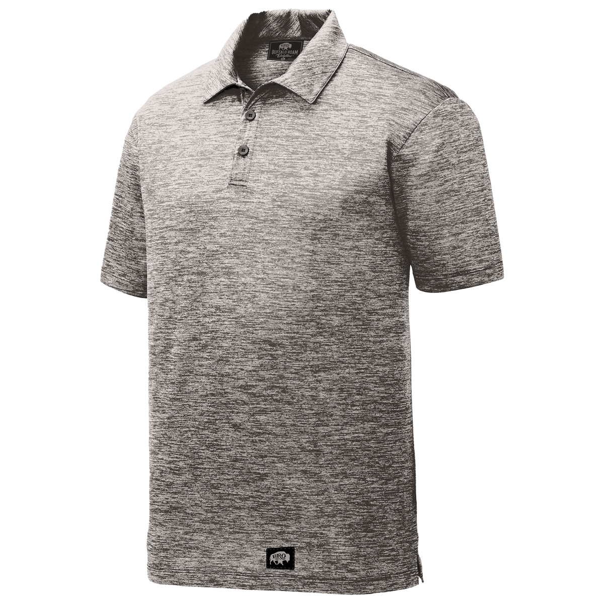 BRO Heathered Polo Shirt in Black – three-quarter view