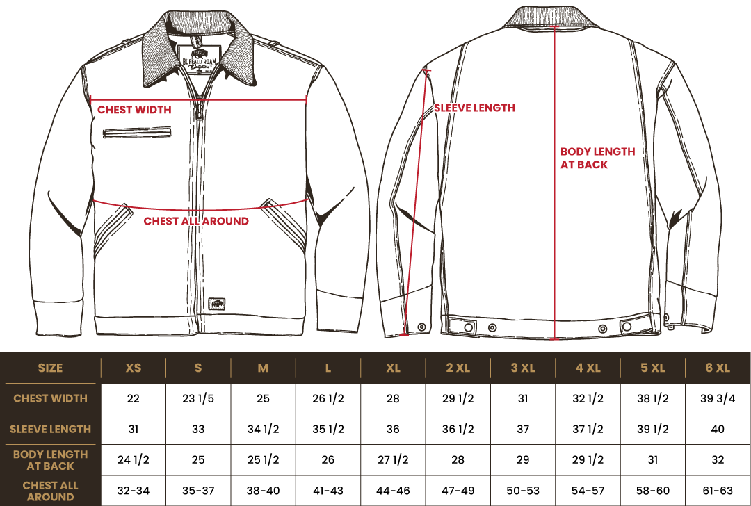 Size chart for BRO Insulated Duck Work Jacket