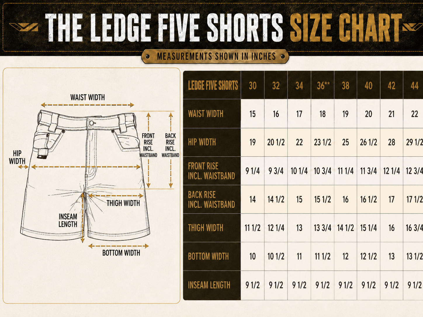Size chart for BisonHide RangeFlex™ Ledge Five™ 5-Pocket Utility Shorts
