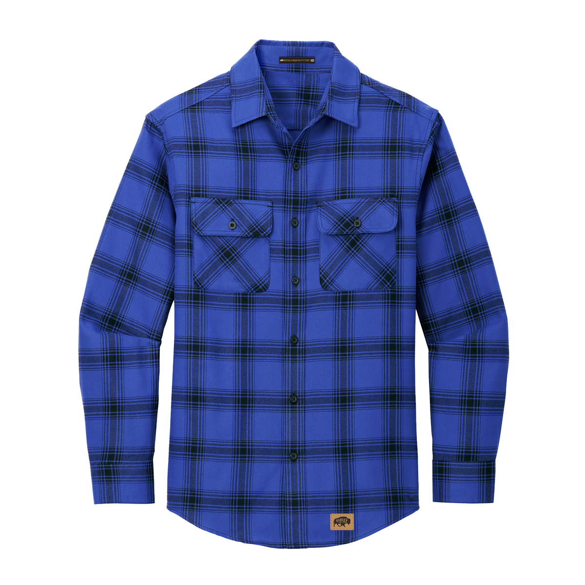 BRO Mixed Flannel Shirt in Royal Blue and Black open plaid – front view