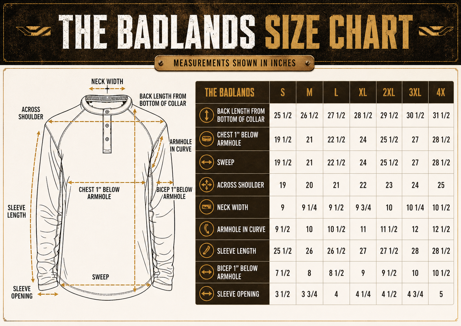 Size chart for Badlands™ BROFLEX™ Work Henley