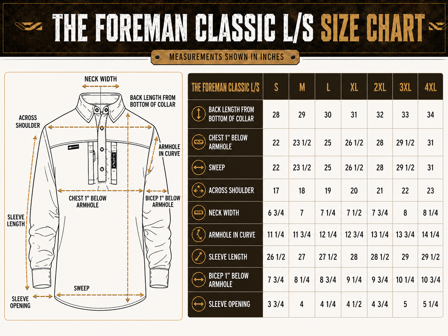 Size chart for The FOREMAN Classic Button Cuff Summerweight Work Shirt