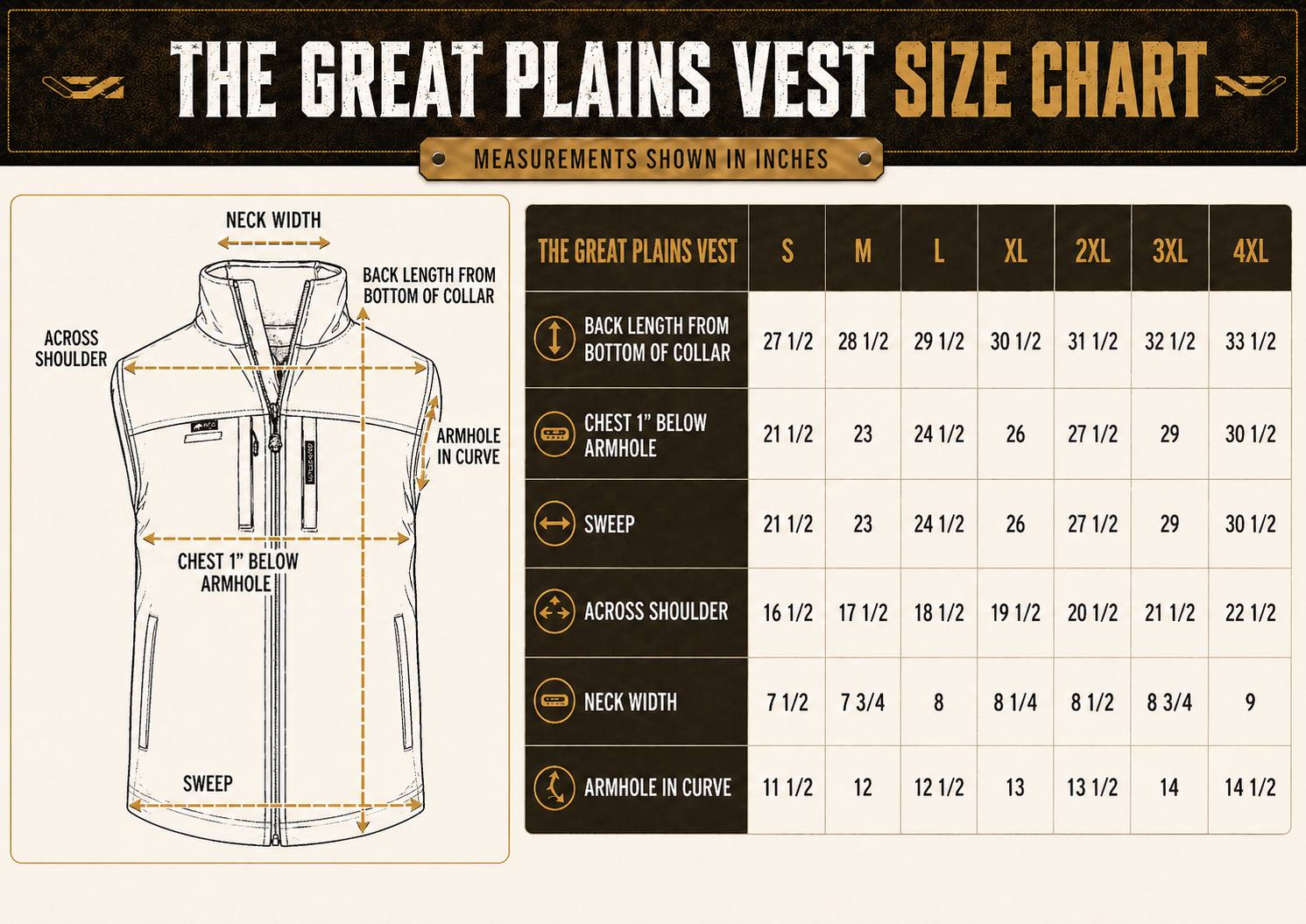 Size chart for Great Plains BROFLEX™ Softshell Work Vest