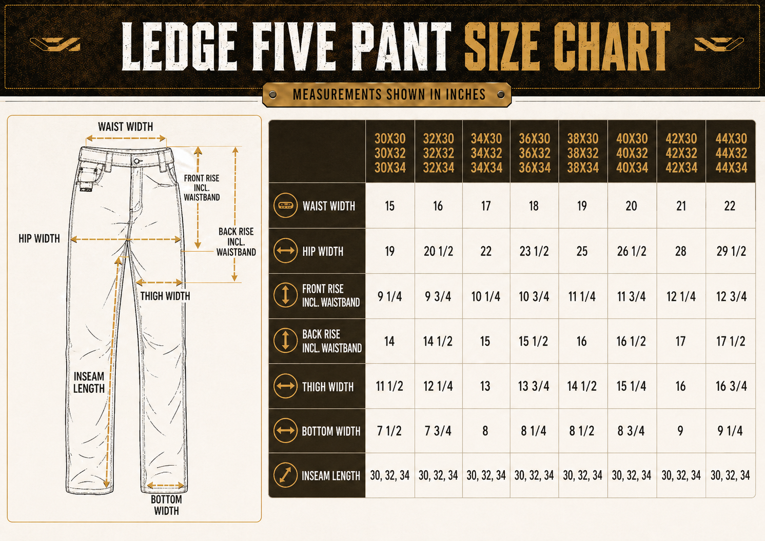Size chart for BRO BisonHide RangeFlex™ Ledge Five™ Regular Fit Work Pants