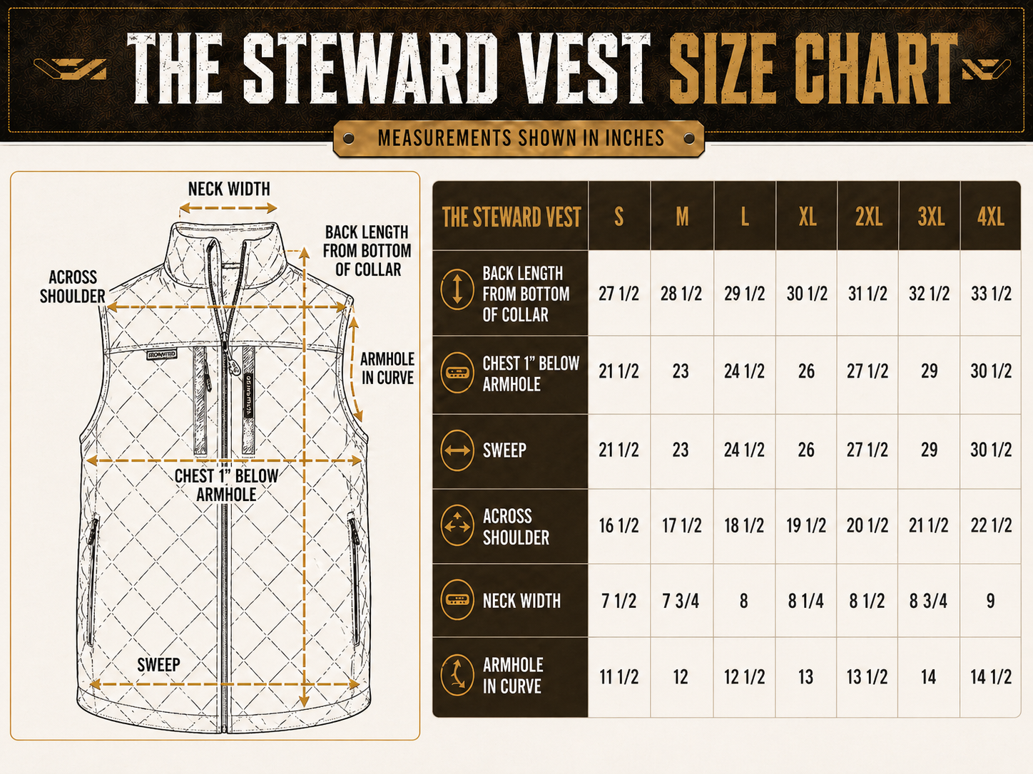Size chart for The Steward™ Diamond-Quilted Vest