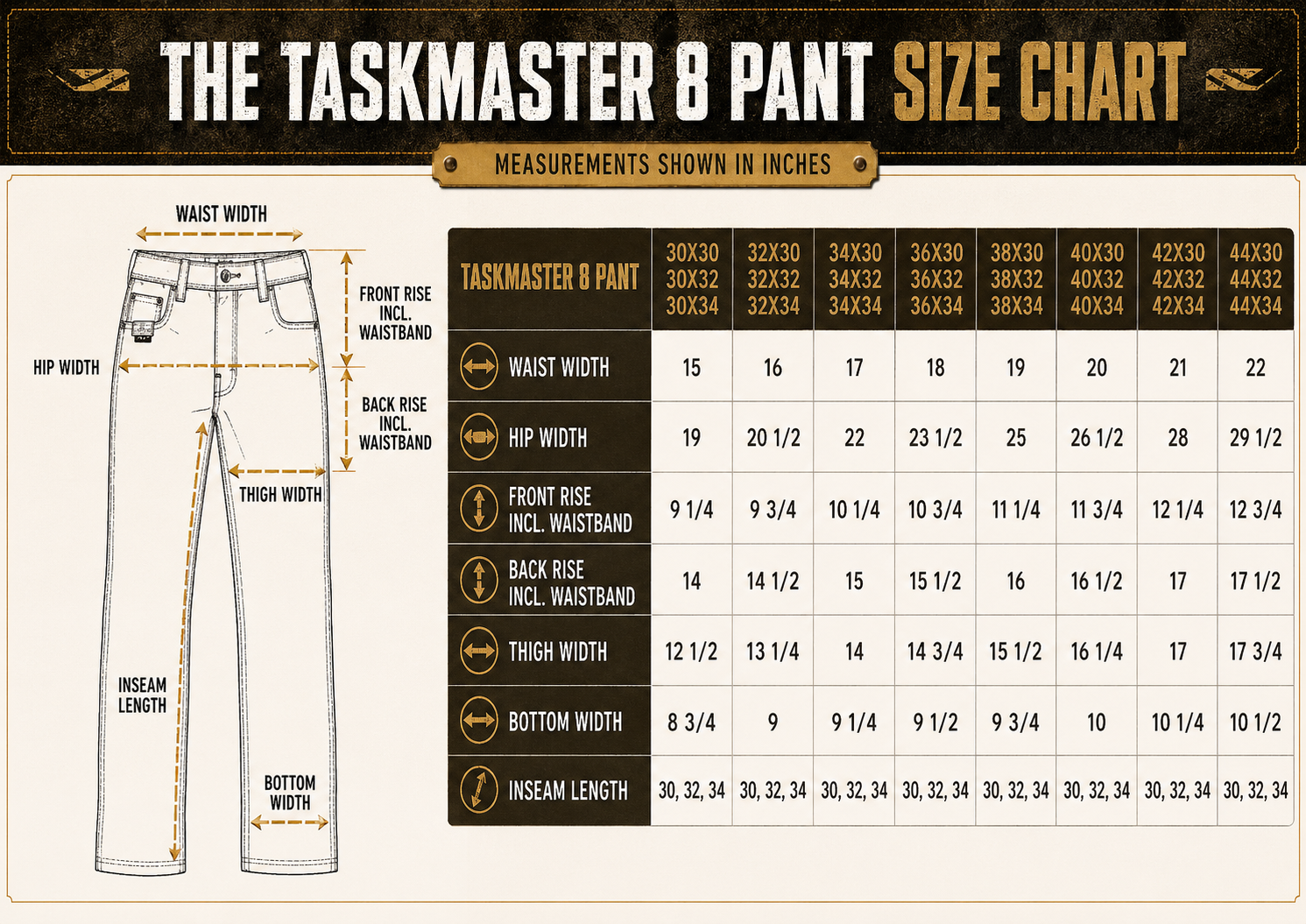 Size chart for BRO BisonHide RangeFlex™ TaskMaster 8™ Relaxed Fit Work Pants
