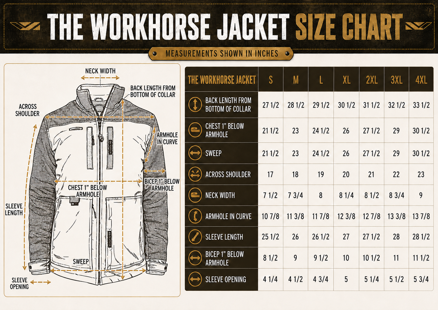 Size chart for Workhorse Jacket with QuikStash™ & Charge™ Insulation