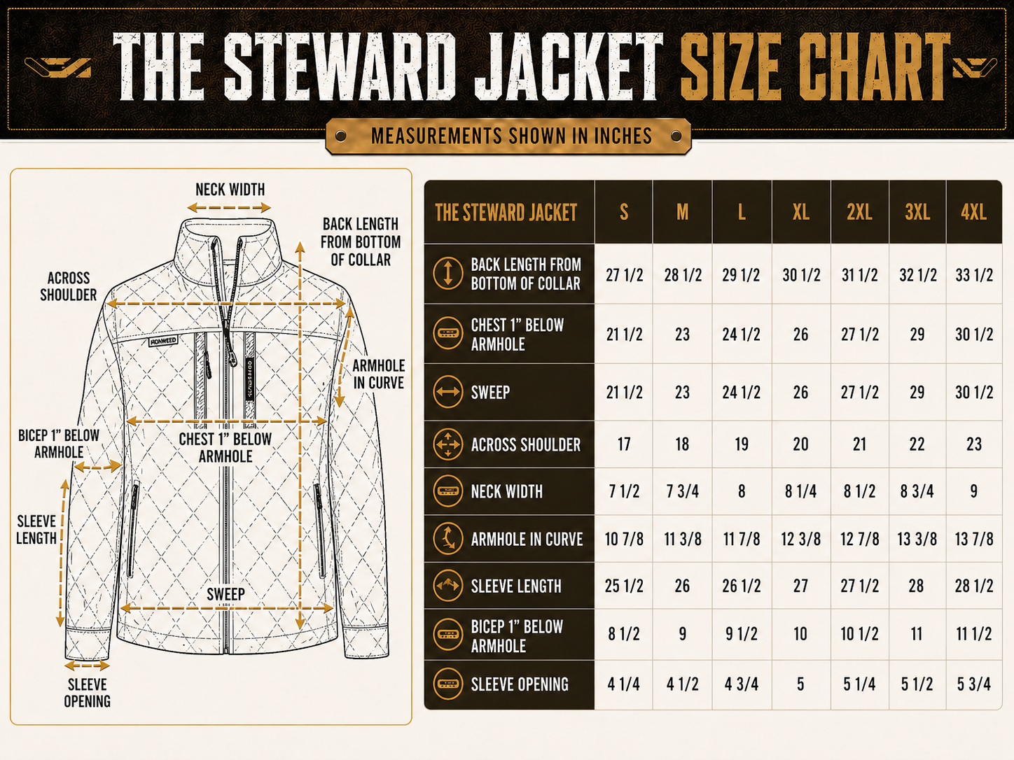 Size chart for The Steward Diamond-Quilted Jacket